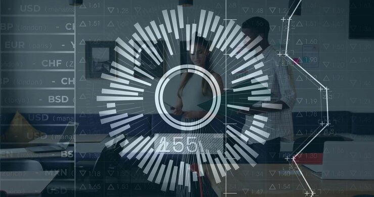 HUD overlaying and readouts rising spurring male and female colleagues in meeting reviewing finance