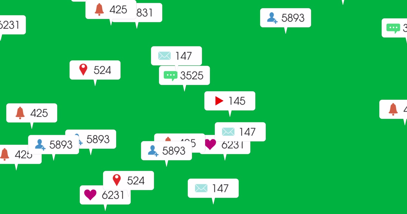 Animazione di icone di social media con numeri su banner bianchi su sfondo nero