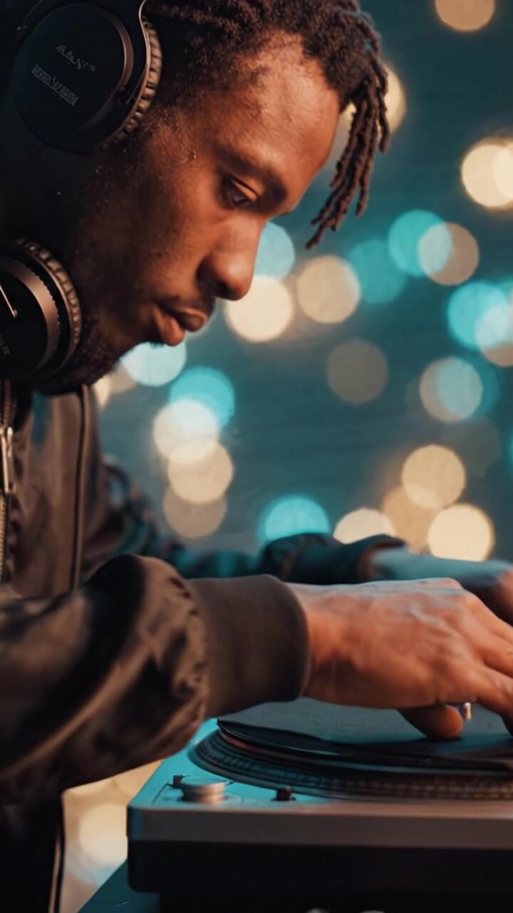 A skilled DJ expertly manipulates vinyl on a turntable, immersed in the vibrant ambiance created by soft, glowing lights, embodying the essence of music performance.