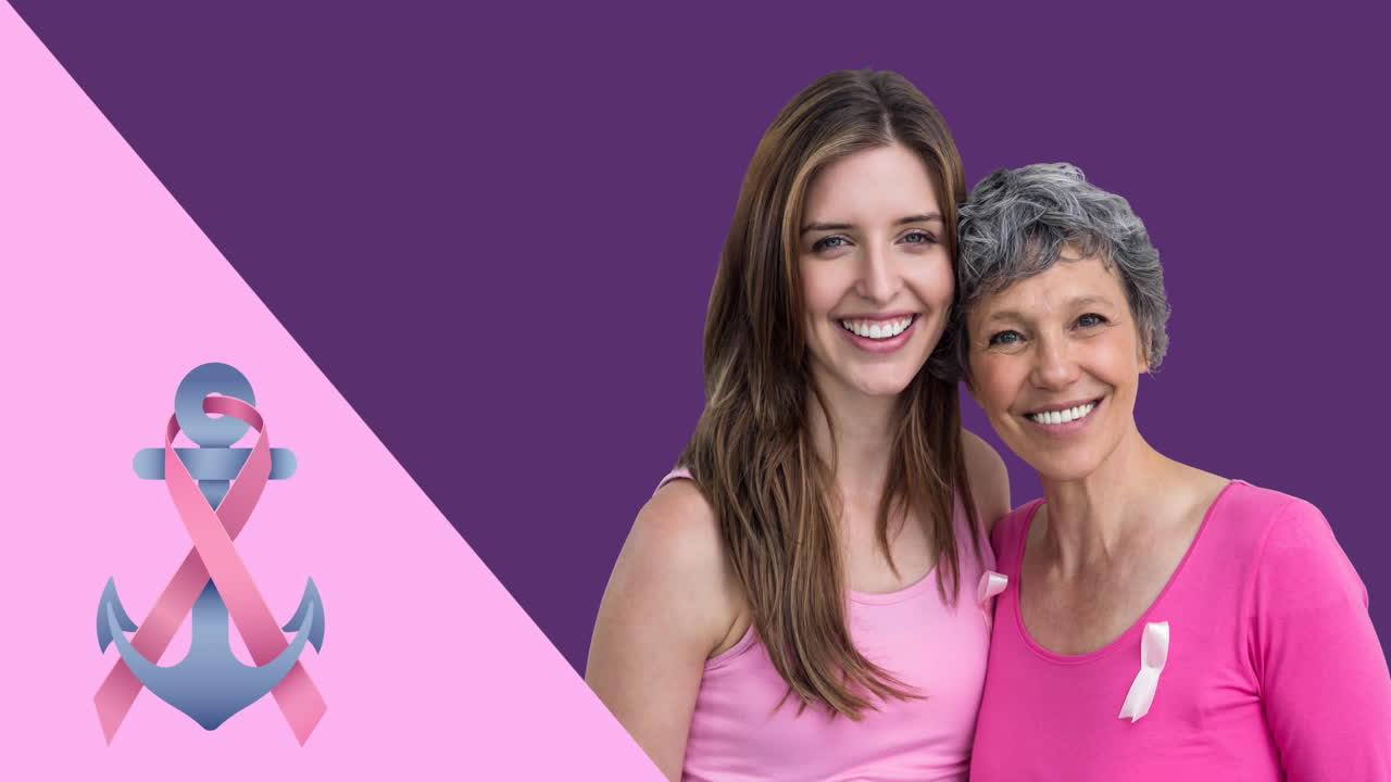Animação de uma âncora com fita rosa sobre mulheres caucasianas sorrindo em fundo roxo
