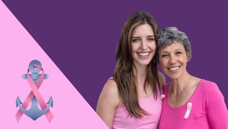 animación de ancla con cinta rosa sobre mujeres caucásicas sonrientes sobre fondo púrpura