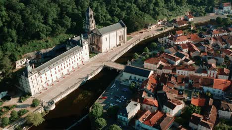 brantôme city and the town hall with river, aerial view in springtime, the south-western venice