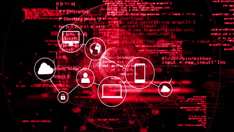 iconos de red digitales sobre codificación roja y animación de procesamiento de datos