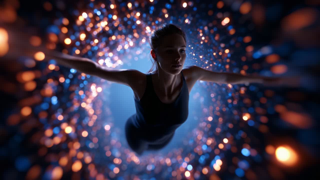 A breathtaking visual journey through a mesmerizing cosmic tunnel filled with shimmering lights, showcasing the determined figure of a woman as she explores the captivating realm of motion and energy
