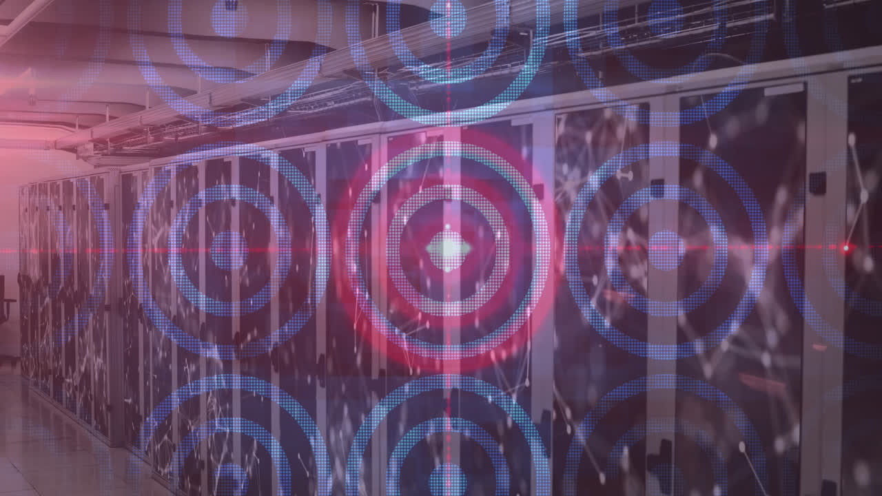 animación de múltiples círculos blancos y rojos sobre una sala de servidor vacía