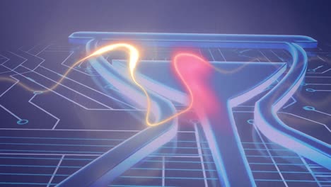 Animation-of-glowing-light-trail-over-hourglass-symbol-and-circuitboard