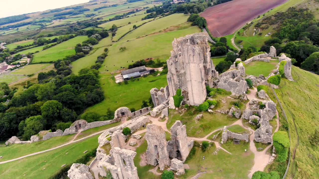 Aerial View of Corfe Castle Ruins in Dorset, UK