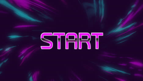 animation of start text over moving colorful lights on dark background