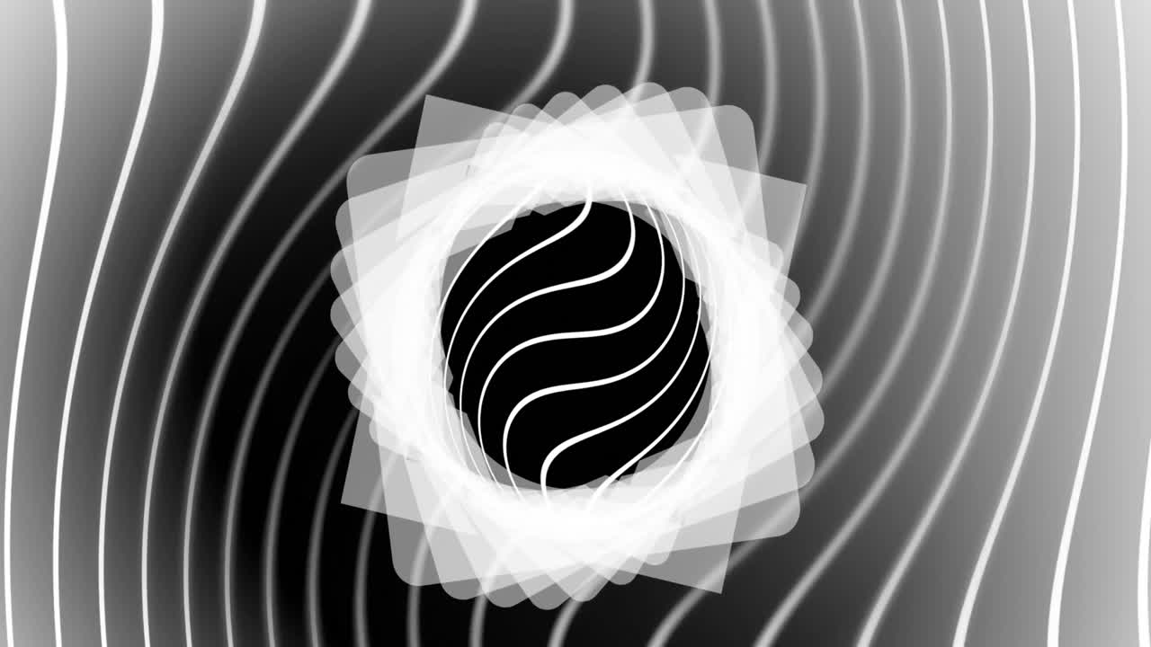 Animatie van een cirkel en lijnen met draaiende witte vormen op een zwarte achtergrond