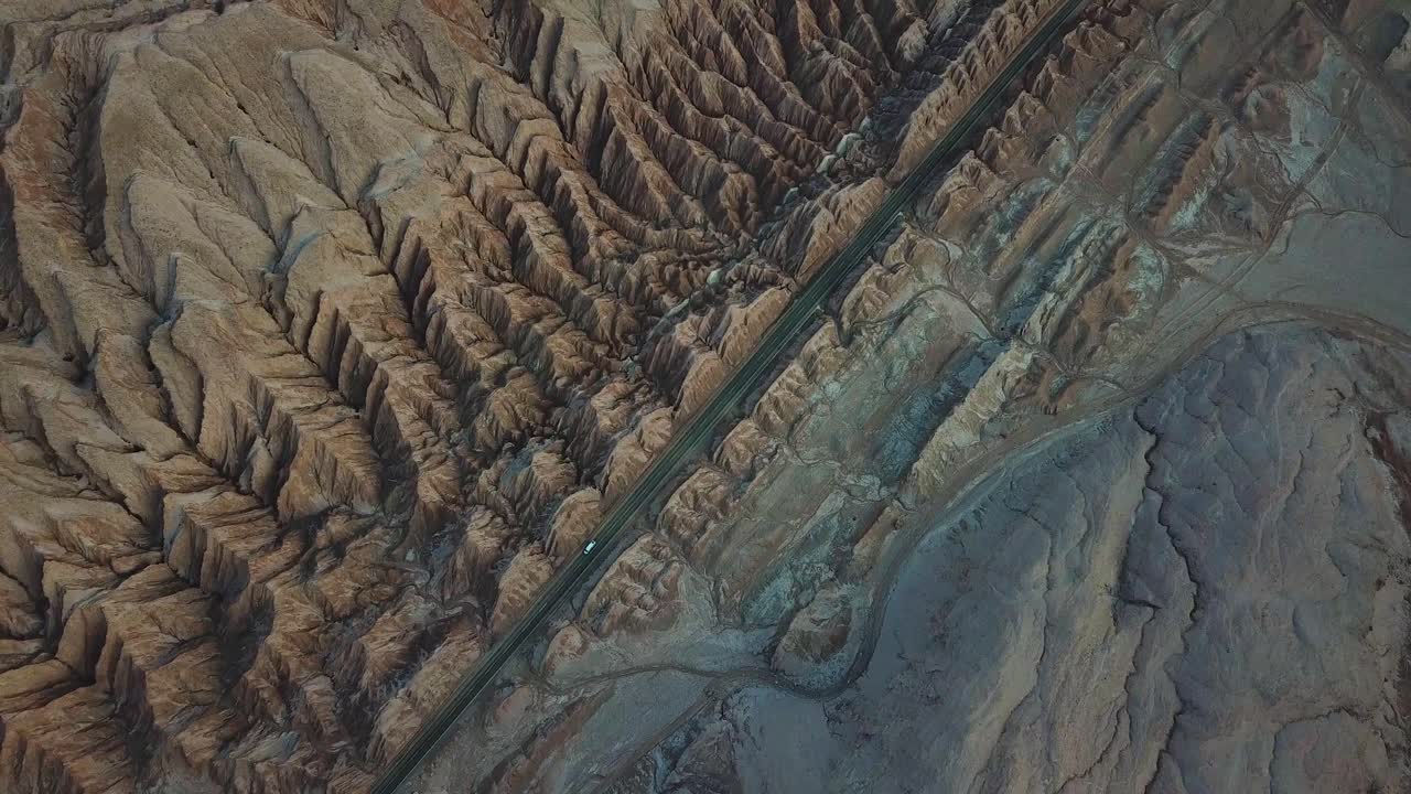 Lonely Vehicle on Road in Atacama Desert, Chile. Birdseye Drone Aerial View