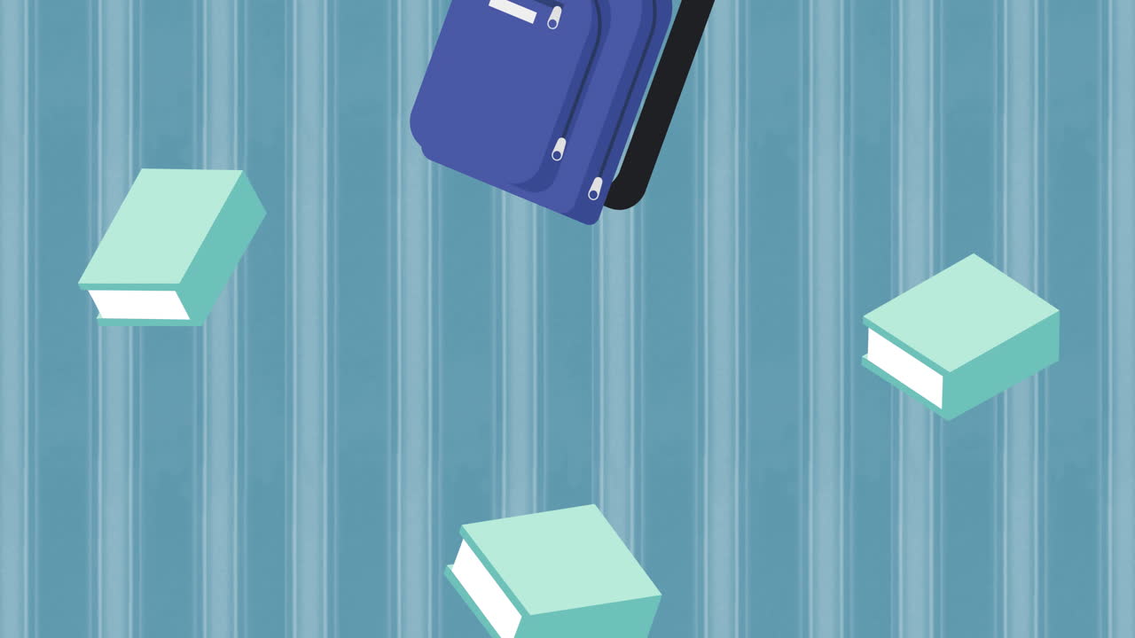 여러 개의 학교 가방과 책 아이콘의 디지털 애니메이션이 줄무 ⁇  파란색 배경에 있습니다.