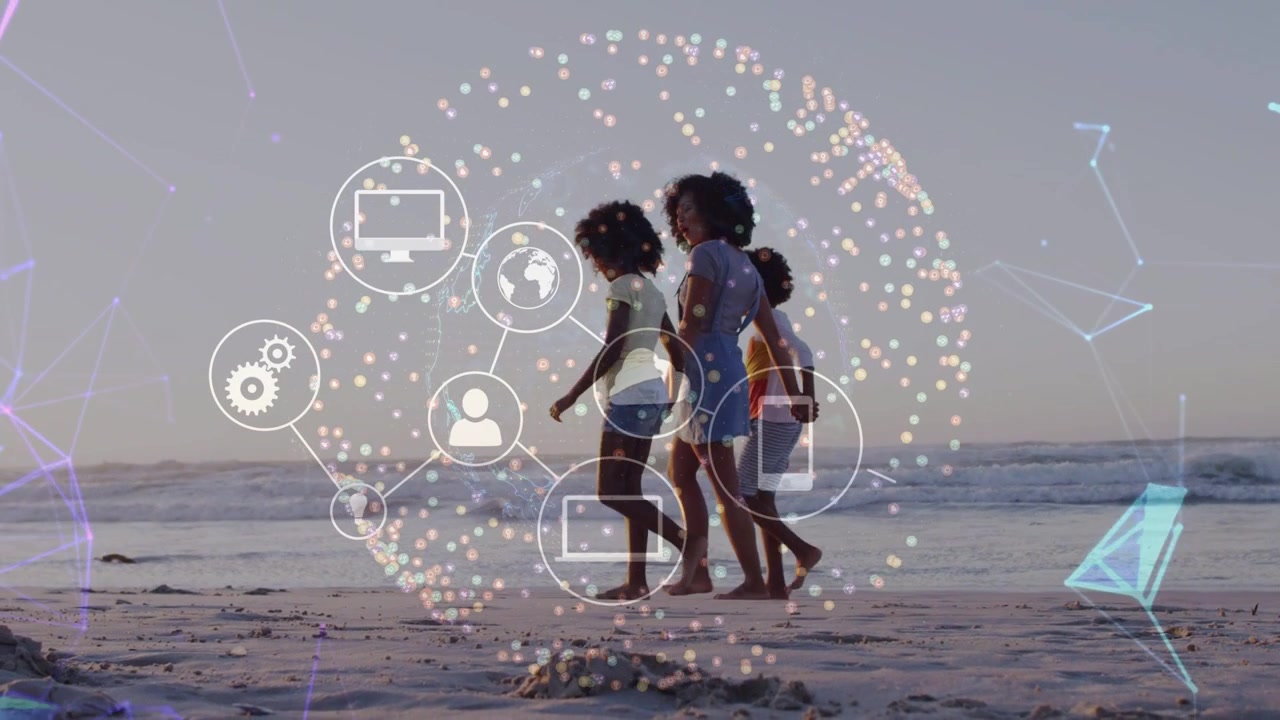 Kvinna går med två barn längs stranden, gnistrande teknikglobsikoner bildar digitala länkar runt dem.