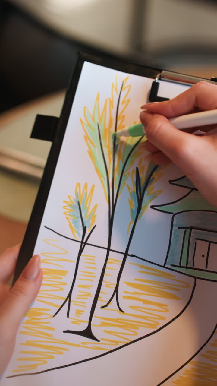 Mani d'artista che disegnano un paesaggio arboreo, primo piano di una tavoletta con fermaglio, sequenza di una mano che aggiunge tratti di pennarello verde alla carta, luce calda interna, sfondo sfocato con profondità di campo ridotta, colorazione passo dopo passo, creativo e tranquillo.