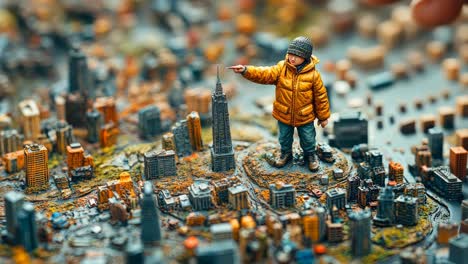 small figure explores a miniature cityscape with towering buildings