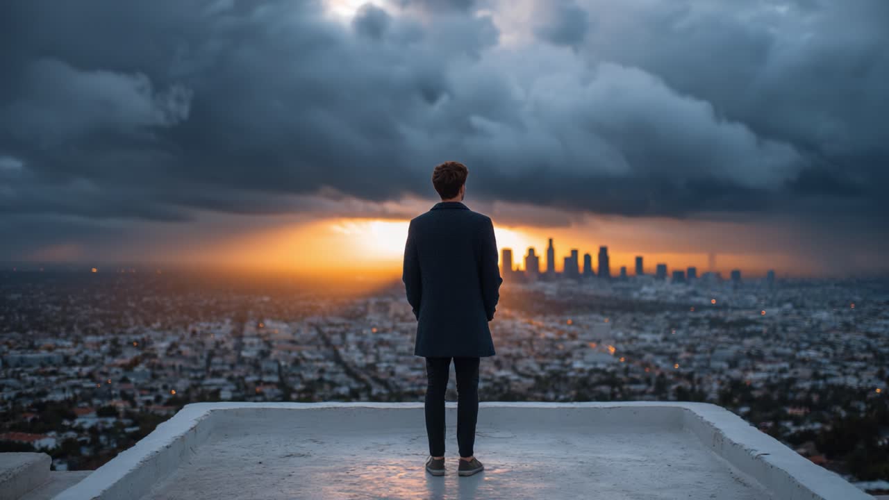 A Solitary Figure Stands on a High Overlook, Gazing at a Dramatic Sunset Over a Metropolitan Skyline with Rolling Clouds and Urban Sprawl