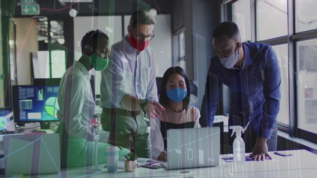 анимация обработки статистических данных над различными коллегами в офисе, обсуждающими в офисе