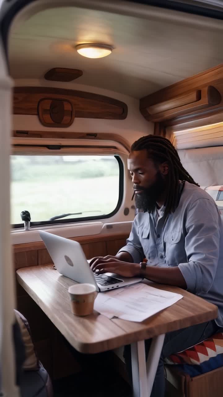 An afro young hipster digital nomad working on his laptop inside a camper van.