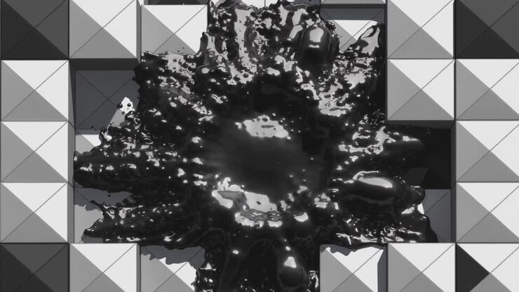 Impacting glossy black viscous fluid spreading inside recessed basin over pyramid tiles