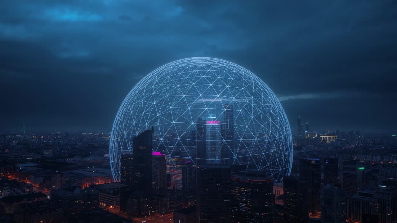Activating geodesic dome mesh lighting downtown, pulsing nodes, protecting central magenta signage