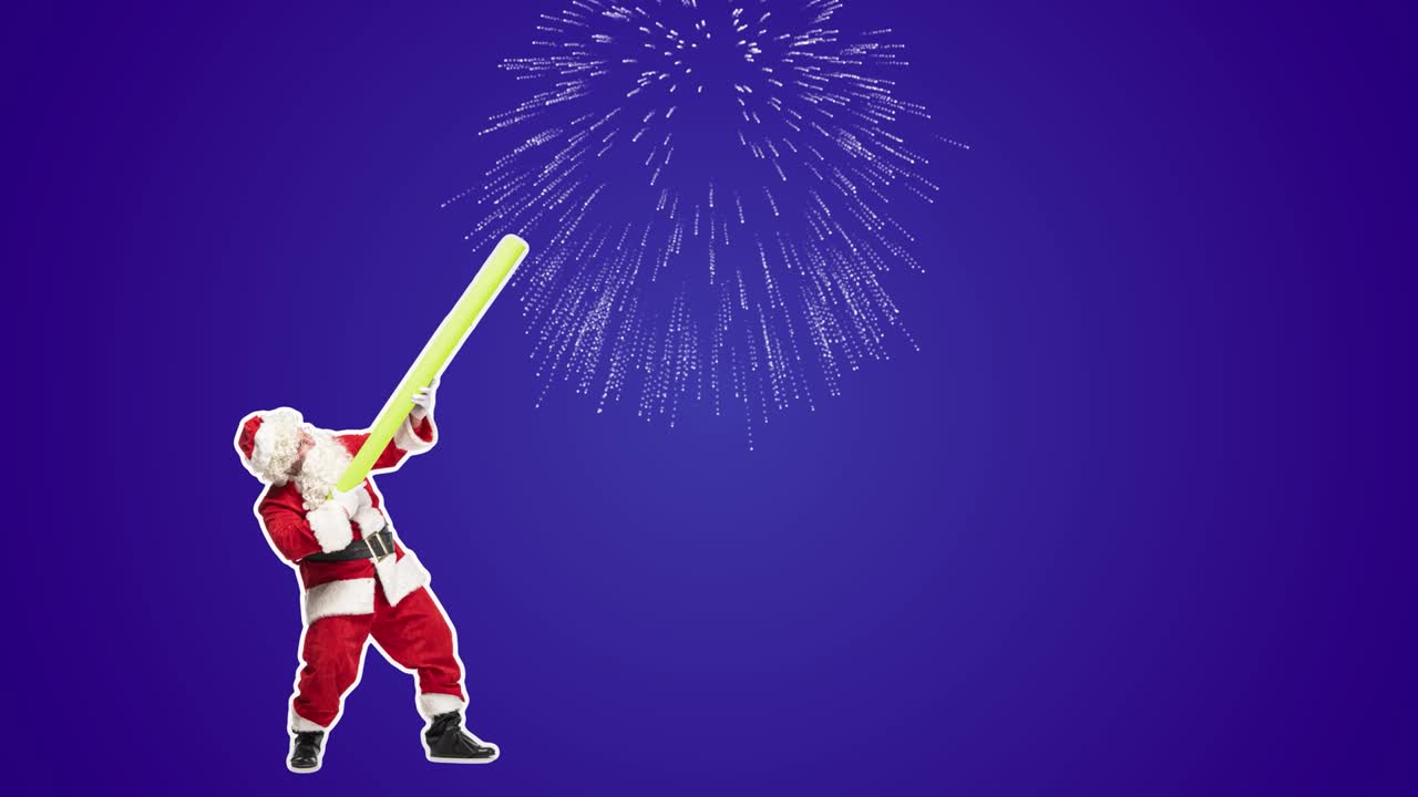 활기찬 산타클로스, 불꽃놀이, 즐거운 크리스마스, 새해, 스 모션 디자인, 예술 애니메이션, 기쁜 축하, 재미있는 밝은 4k 아트콜라지, 파티 및 휴가 개념