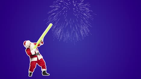 santa claus alegre activo con fuegos artificiales, divirtiéndose. feliz navidad, año nuevo. diseño de stop motion, animación de arte. celebración alegre. gracioso y brillante 4k artcollage. concepto de fiesta y vacaciones