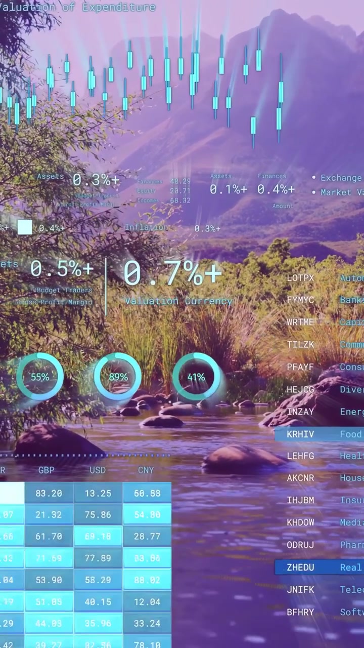 Vertical video: River staying calm while financial HUD updating as market changing, showing metrics