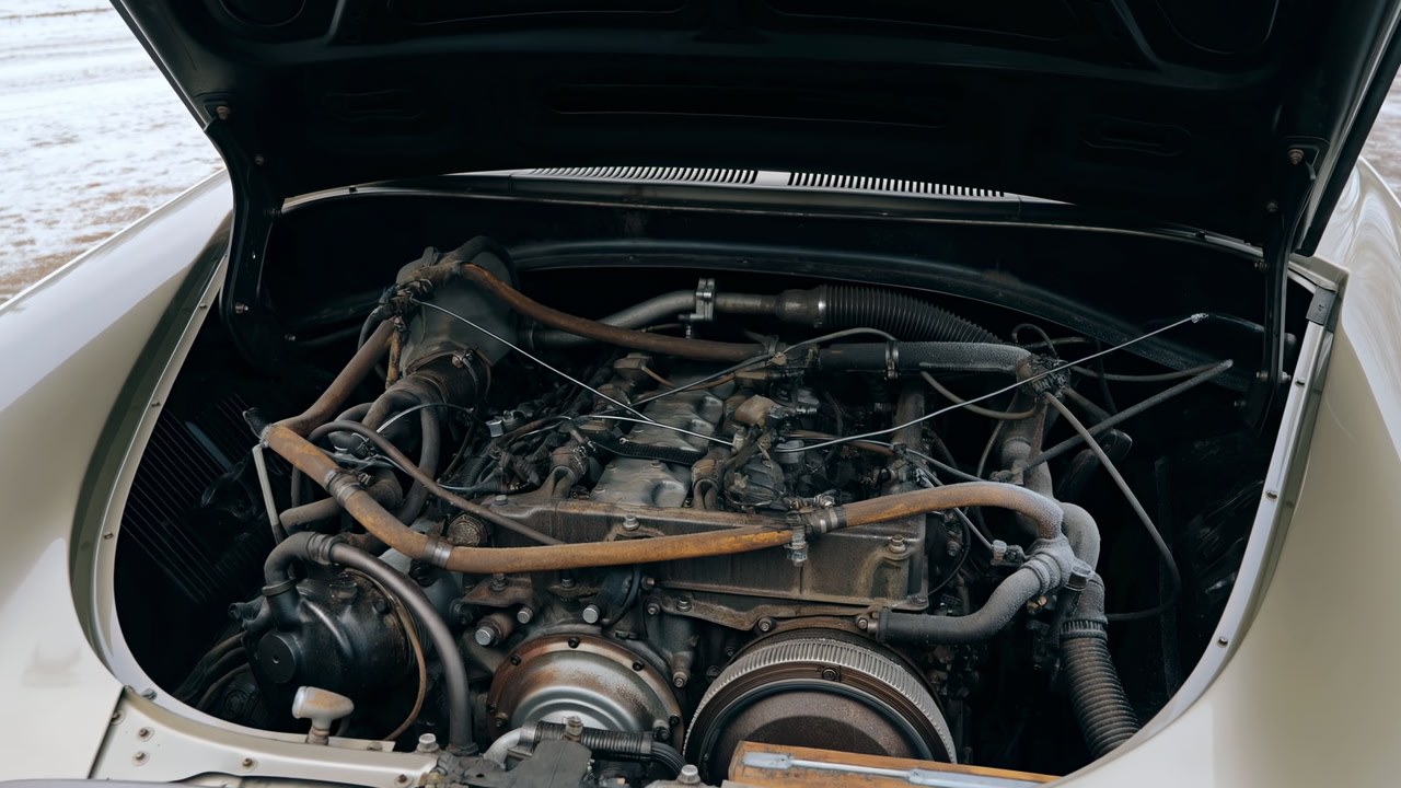 Vintage Engine Bay Closeup Shows Aged Components, Frayed Hoses, Belt Pulleys And Carburetor Under Open Hood