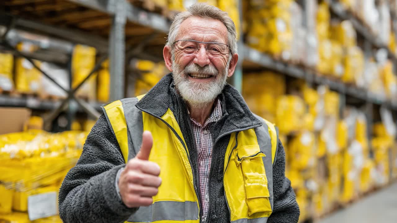 A Cheerful Senior Worker Giving a Thumbs Up in a Warehouse Surrounded by Yellow Packages Signifying Positivity and Dedication to His Job