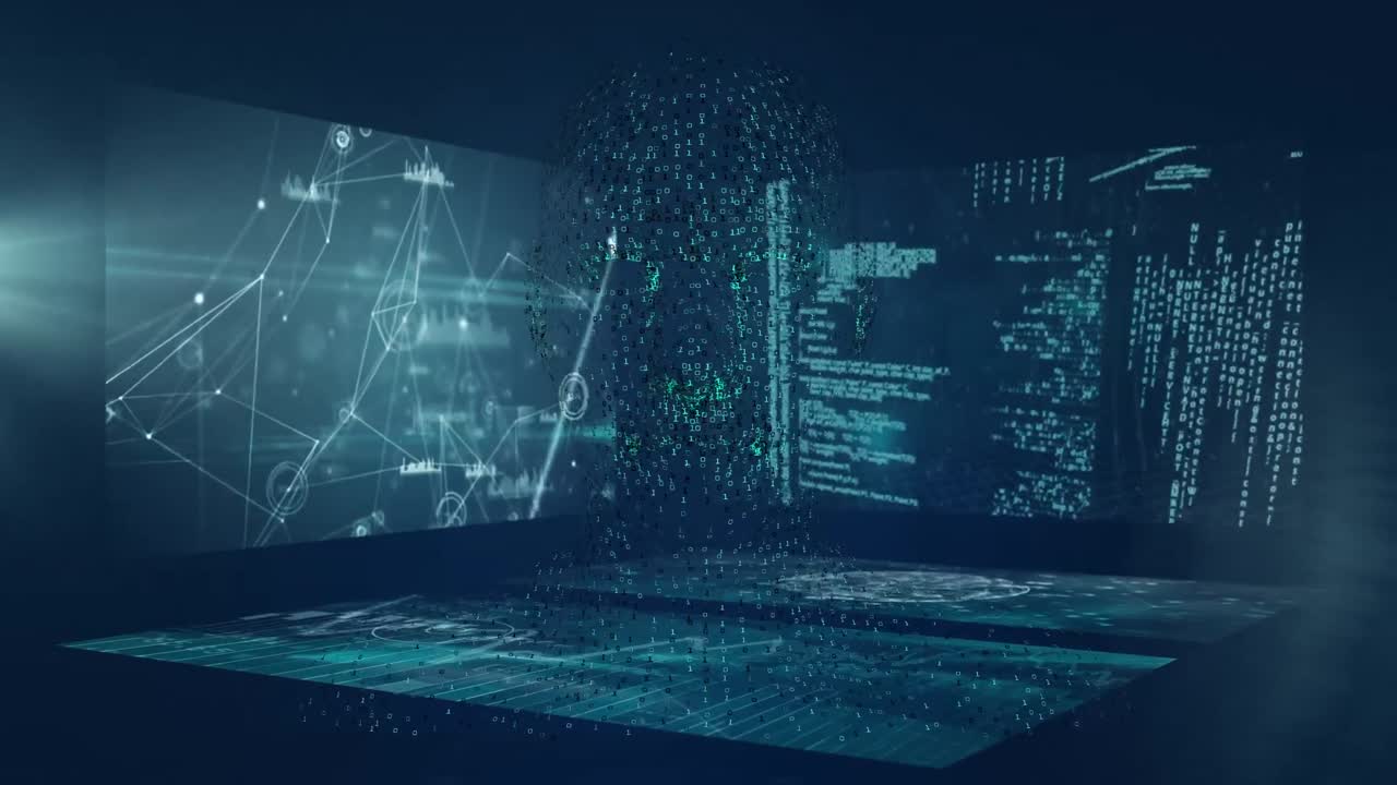 Animation of diverse scientific data on screens on navy background