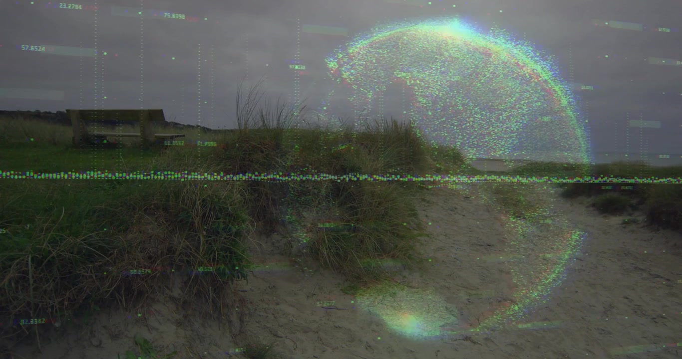 Faint data band appearing along path in beach grass, holographic globe growing, visualizing metrics