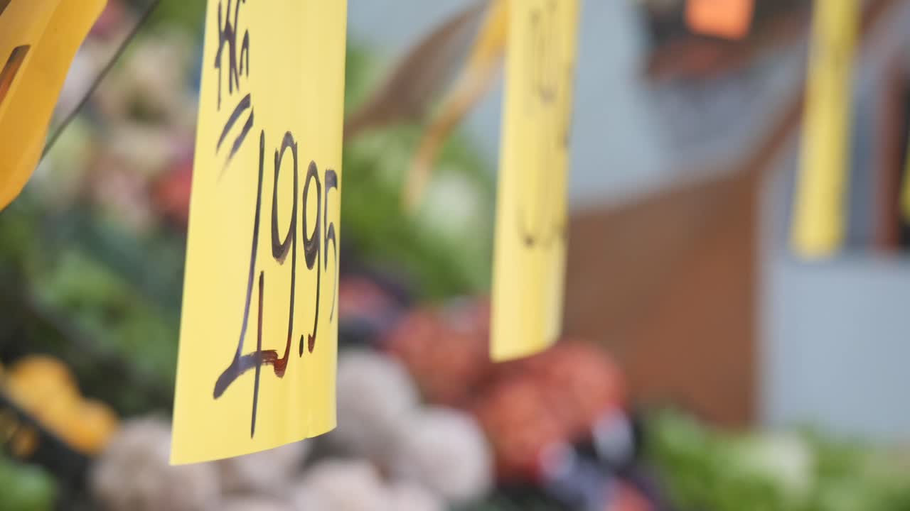 Close-up of a price tag at a produce market