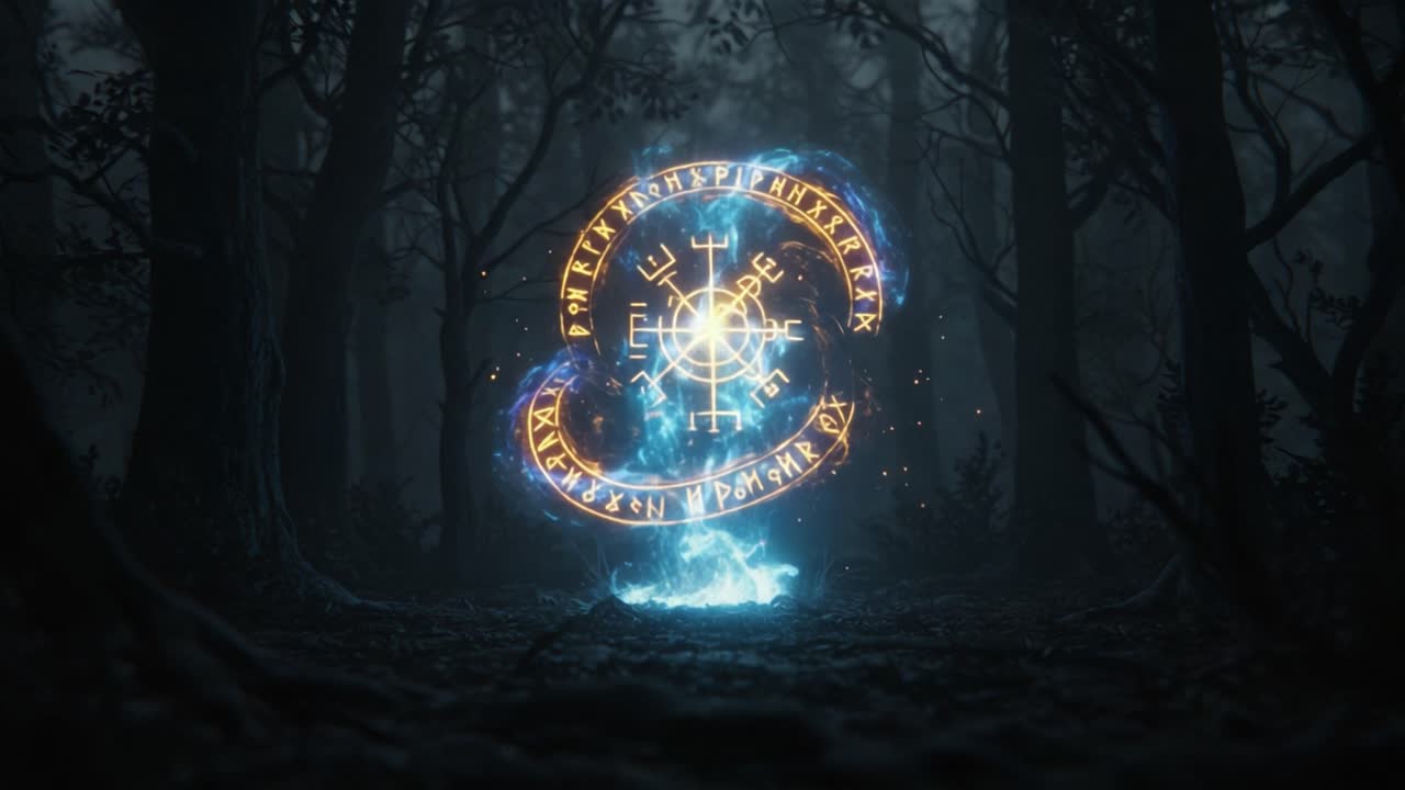 A Mystical Transformation: An Enigmatic Symbol Illuminates a Dark, Enchanted Forest as It Changes from Ethereal Blue to Radiant Gold, Capturing the Essence of Arcane Power