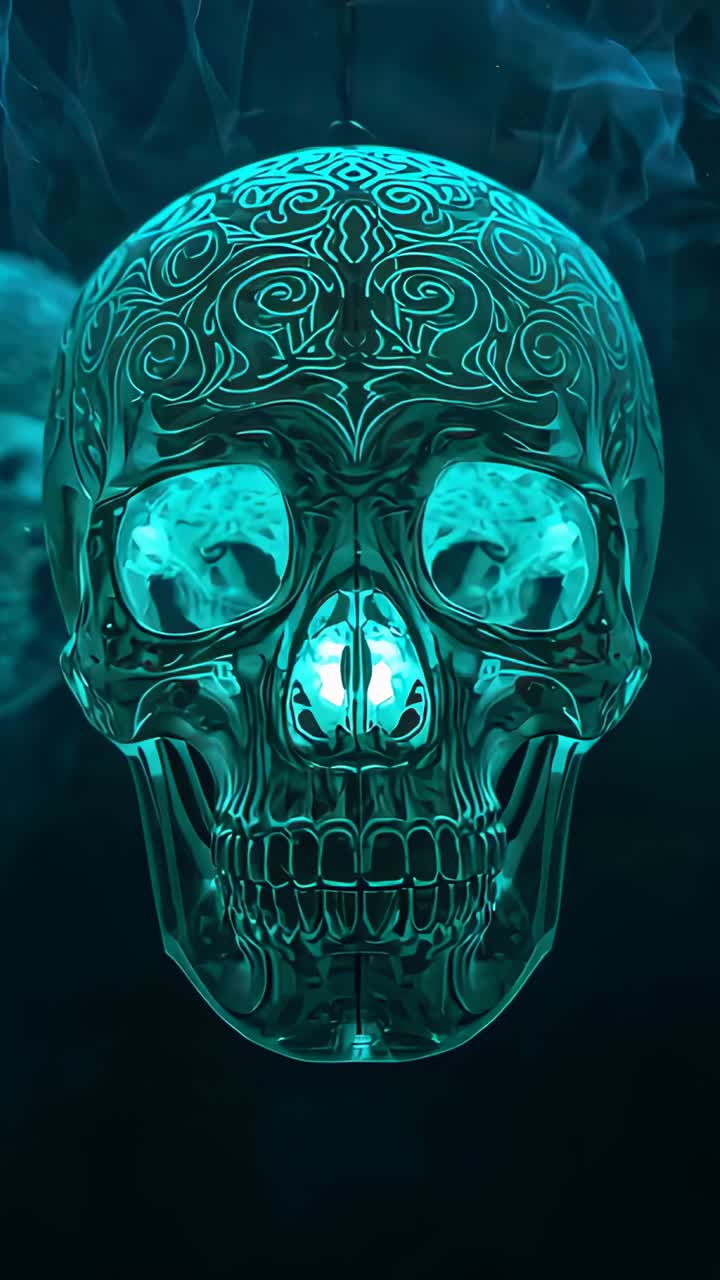 Vertical video: Opening ornate metal skull rotating in void, swirling smoke revealing second skull