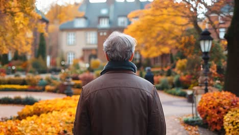 a man walking down a path in a park in the fall