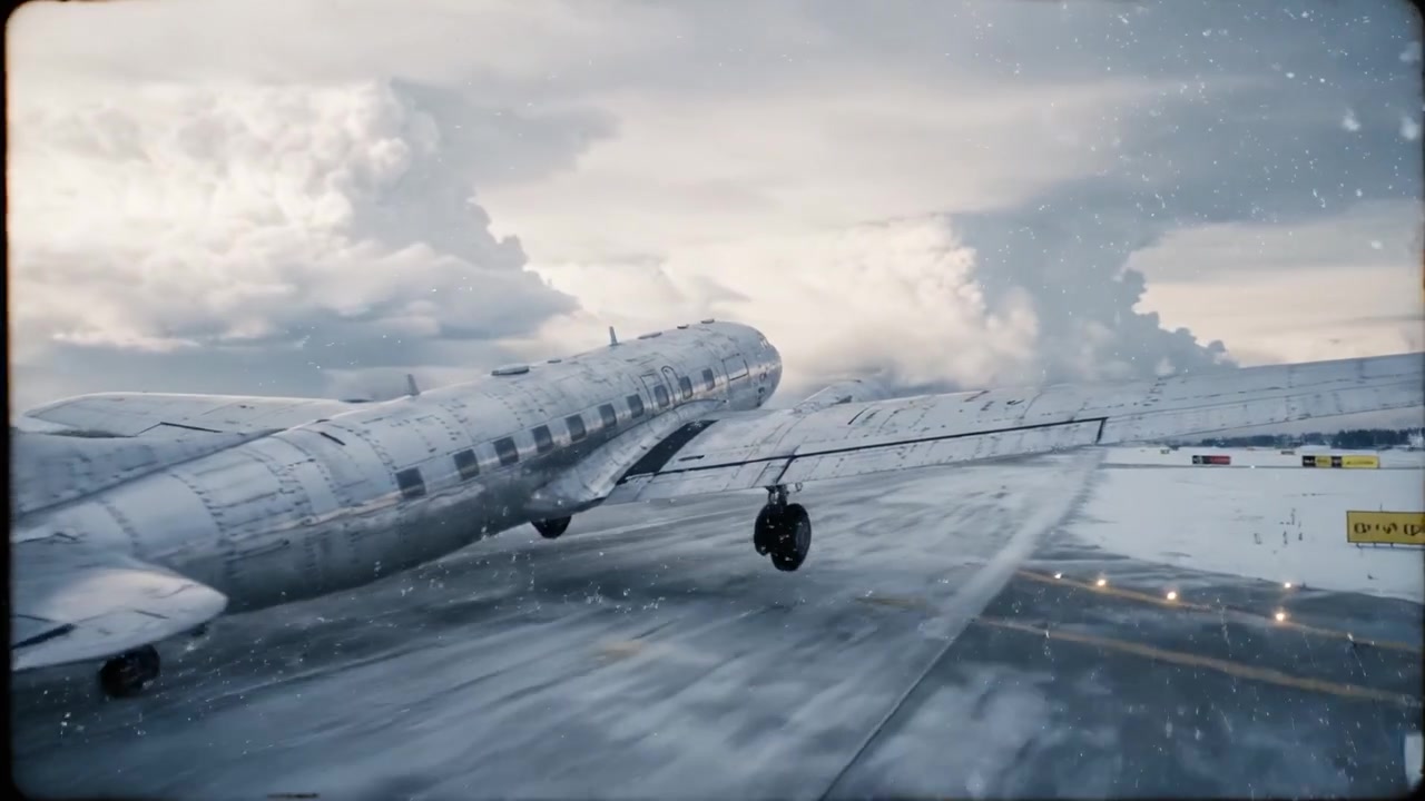 Un aereo d'epoca decolla da una pista innevata sotto nuvole drammatiche, mostrando la storia dell'aviazione e la bellezza dei paesaggi invernali durante il volo.