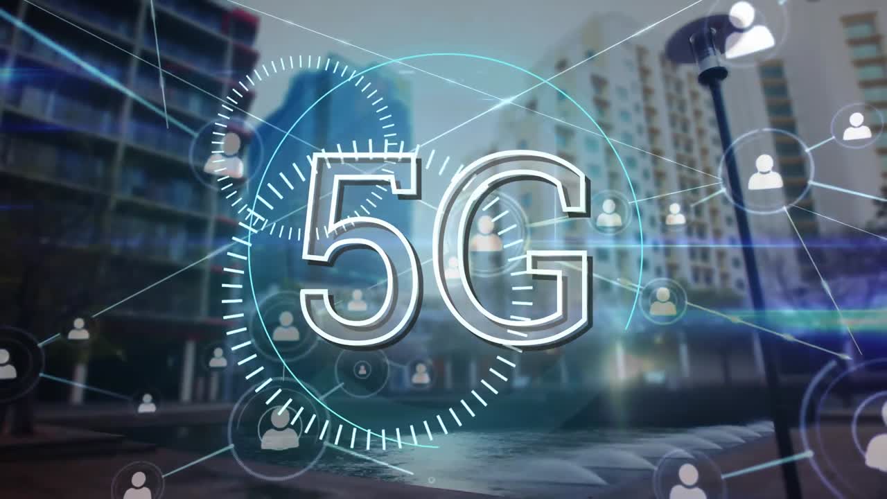 animazione di testo 5g con scansione di portata su rete di connessioni e paesaggio urbano