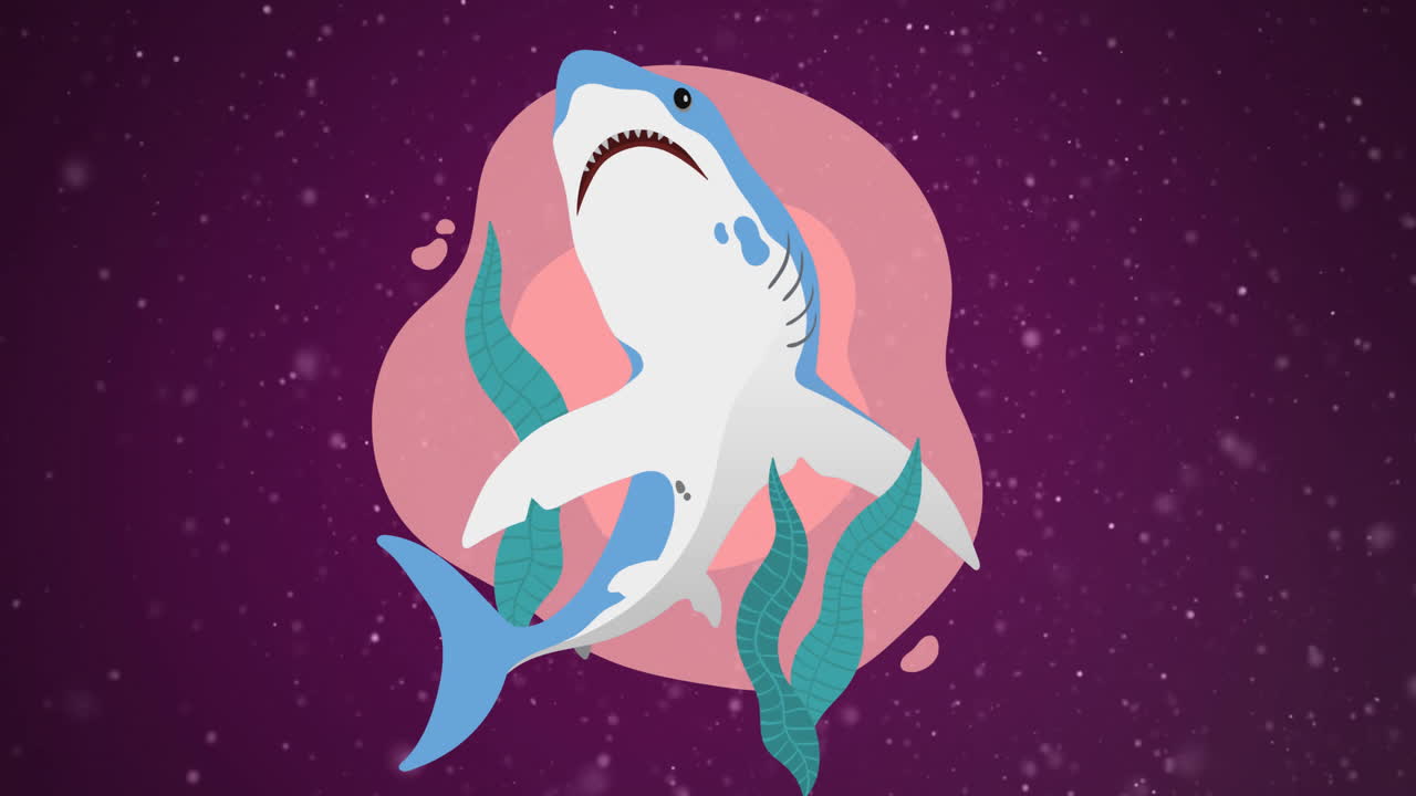 animación de tiburones y plantas acuáticas sobre partículas en fondo oscuro