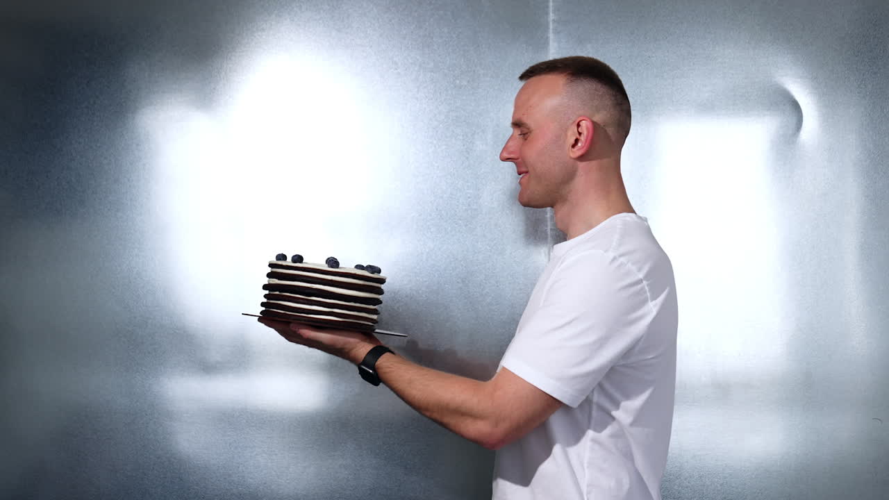 Happy man in white t-shirt looks at chocolate cake with blueberries. Smiling male with dessert in hands at metal backdrop.