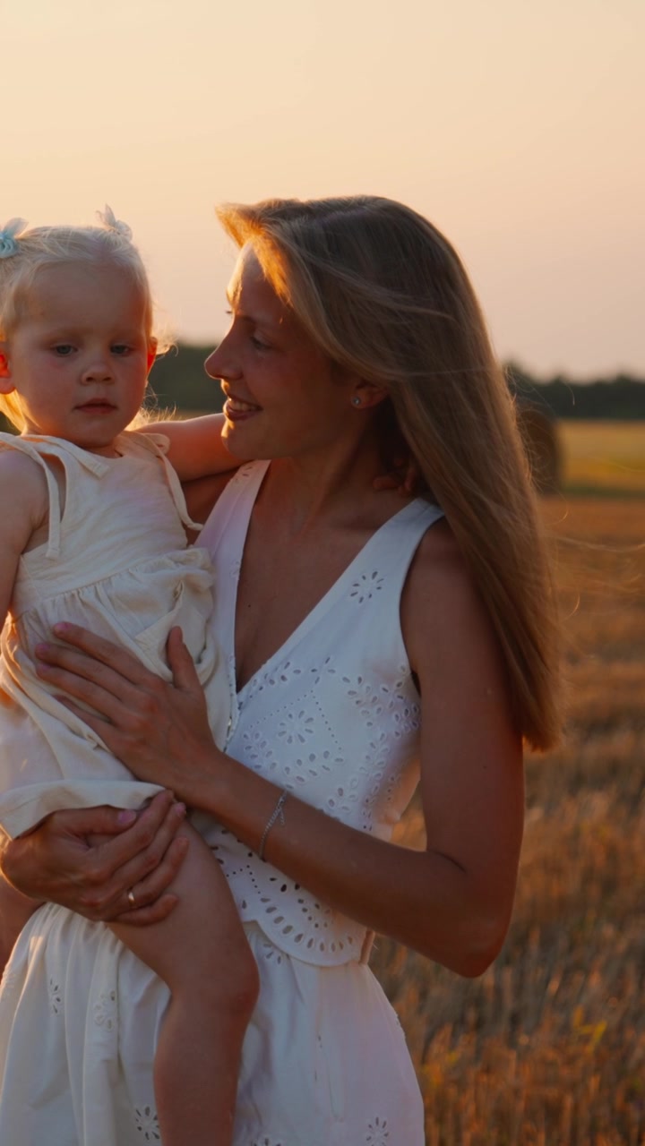 Junge Mutter hält ihre Kleinkindtochter in einem goldenen Weizenfeld bei Sonnenuntergang