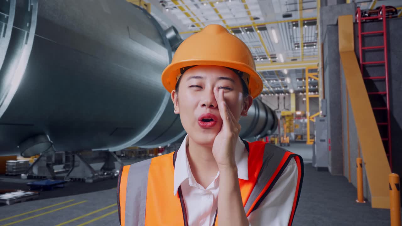 안전 헬을 입은 아시아 여성 엔지니어가 파이프 제조 공장에서 서서 손을 입 위로 들고 소리치고 있다.