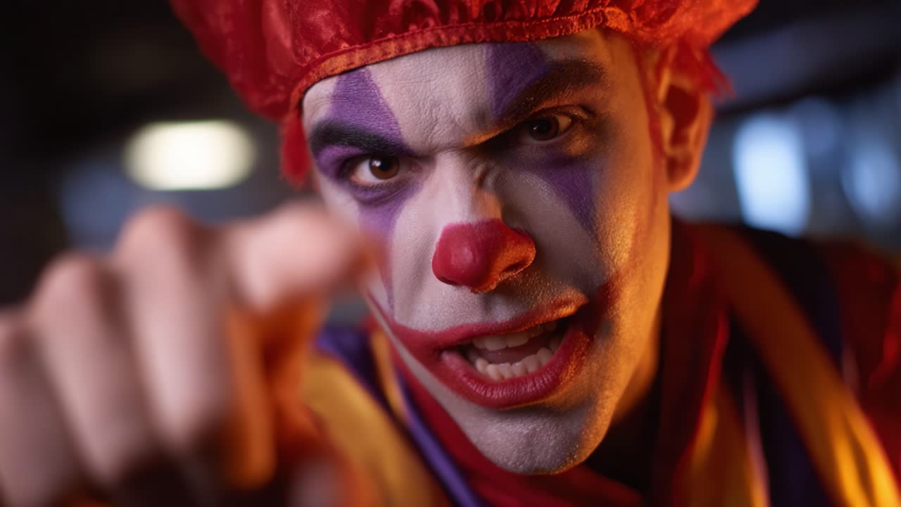 Intense Close-Up of a Clown Expressing Emotions Through Facial Expressions and Vivid Costume; Capturing the Essence of Fear and Intrigue in a Dark Setting