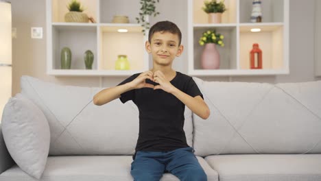 boy making heart symbol for camera.
