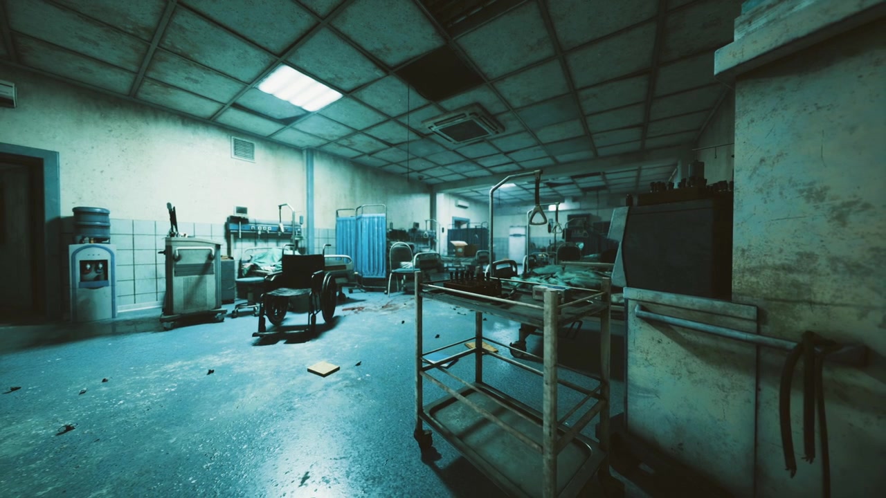 Unoccupied emergency unit featuring disorganized carts and broken ceiling panels