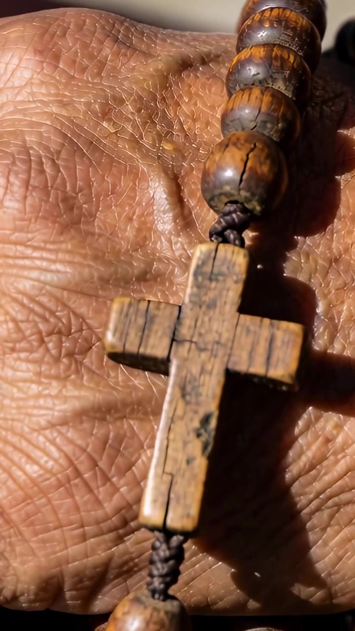Vídeo vertical: Mão enrugada empurrando, girando um terço de madeira, contas deslizando em macro mostrando o grão