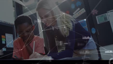 animation of network of connections over teacher with schoolboy