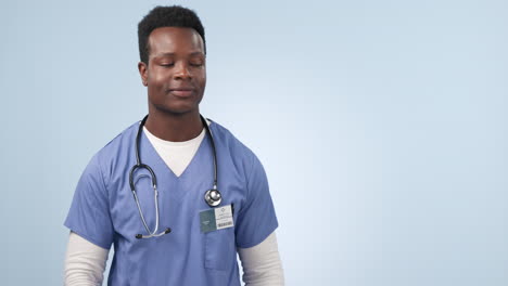 Happy-black-man,-doctor-and-pointing-to-mockup