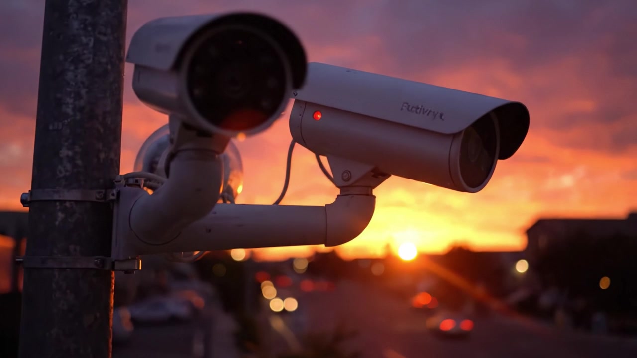 Watching Over the Sunset: A Surveillance Camera Capturing the Beauty of Dusk with Vibrant Colors and Urban Life in the Background