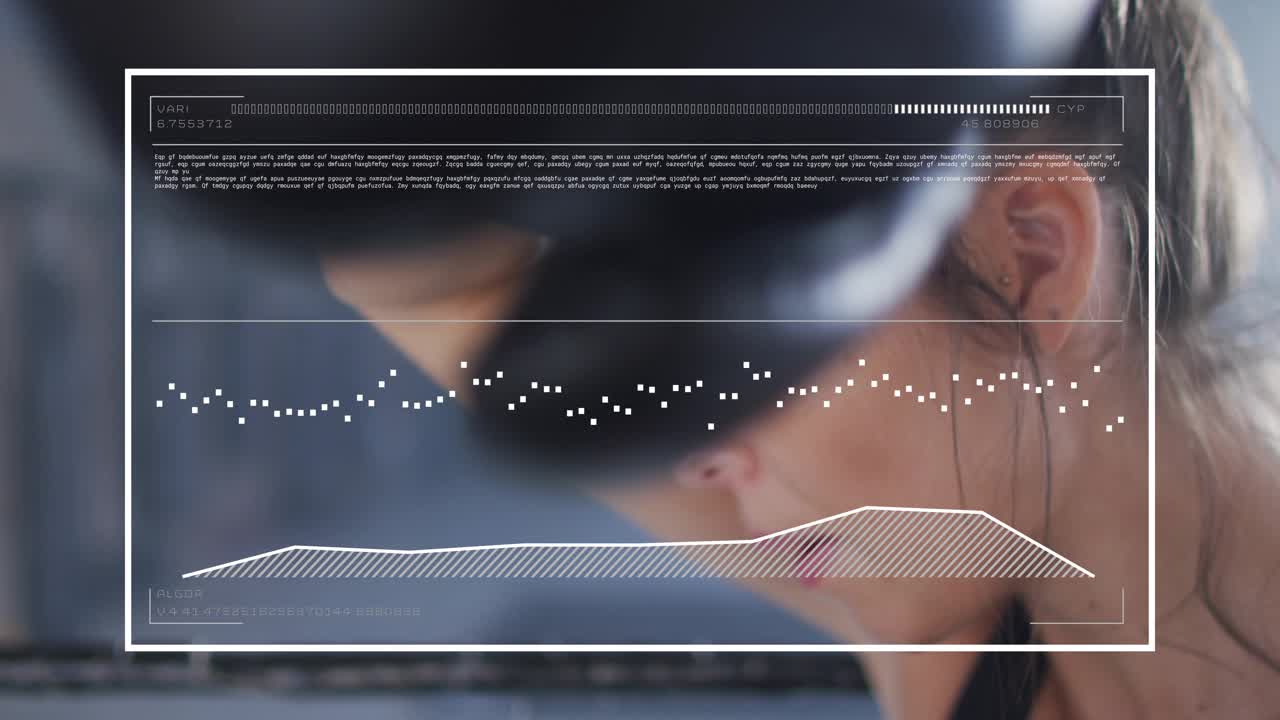 Female athlete initiating lift by bringing arm forward in gym, HUD overlaying graphs tracking stats