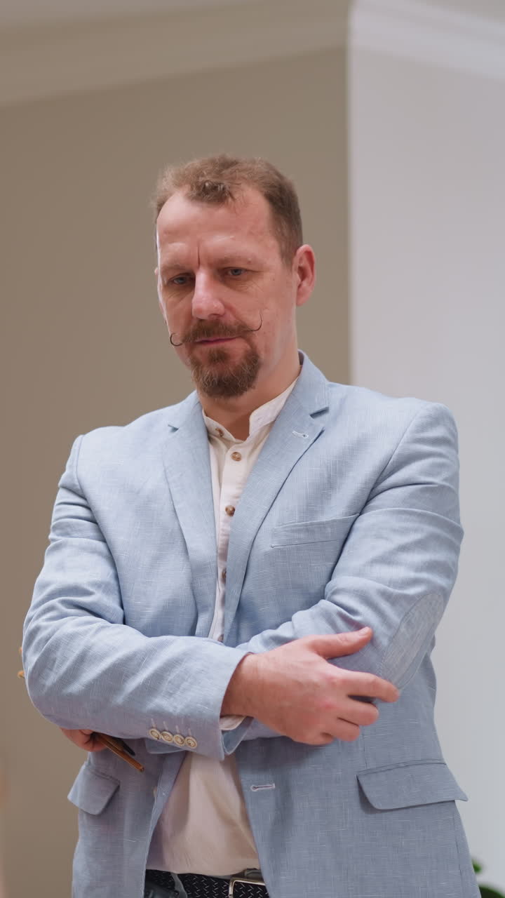 el artista asenta con la cabeza mirando a la modelo en el estudio. el pintor talentoso con los brazos cruzados aprueba la pose de la mujer para el retrato en la tienda de arte. el creador en el trabajo