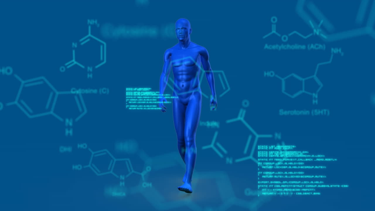 데이터로 둘러싸인 원을 돌아다니는 인간 그래픽
